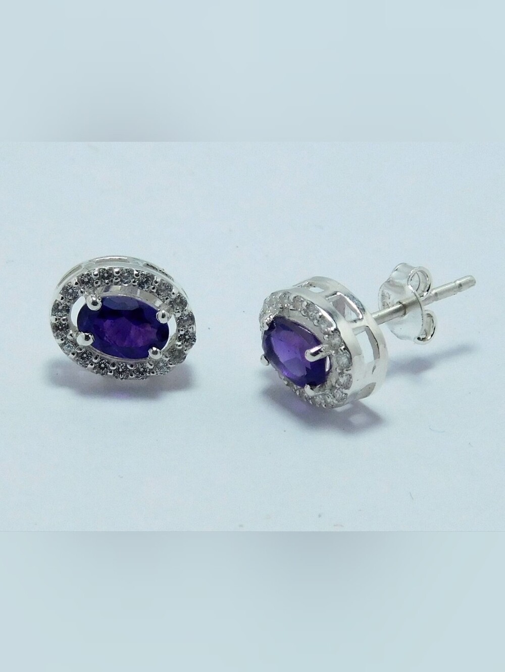 Silver Tone Halo Stud Earrings w/ Purple Amethyst Stone EUC
